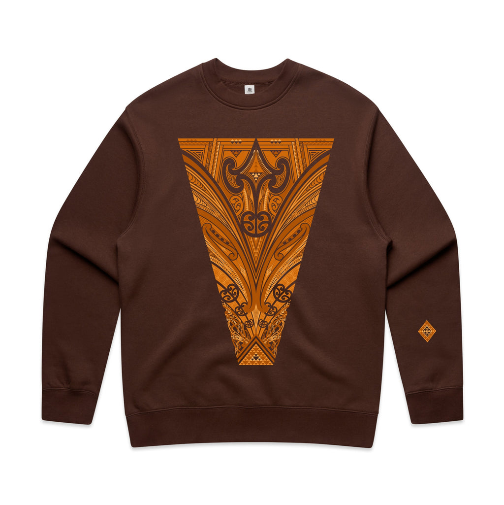 Brown crew jersey with brown contemporary Maori design 