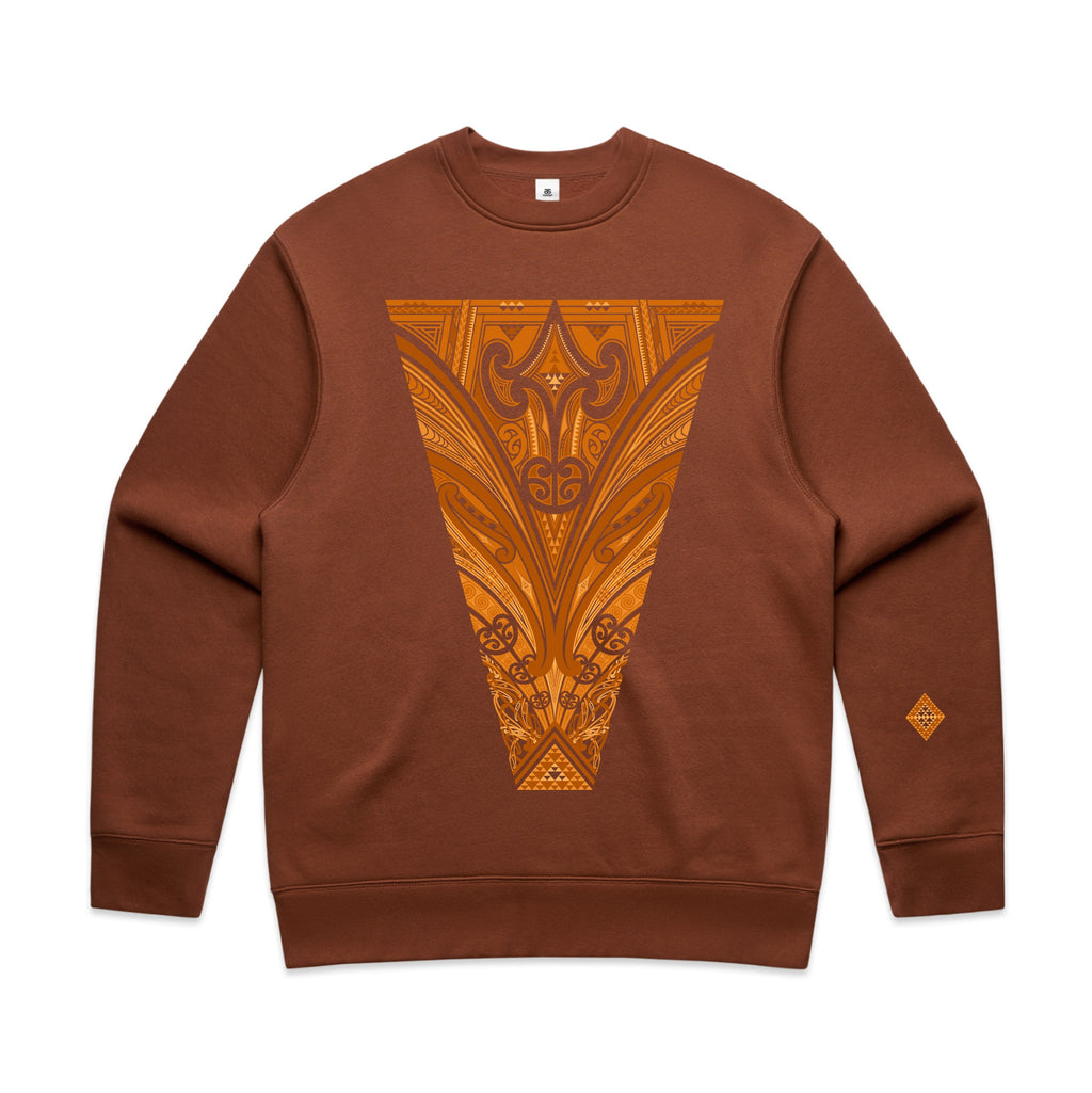 Brown crew jersey with brown contemporary Maori design