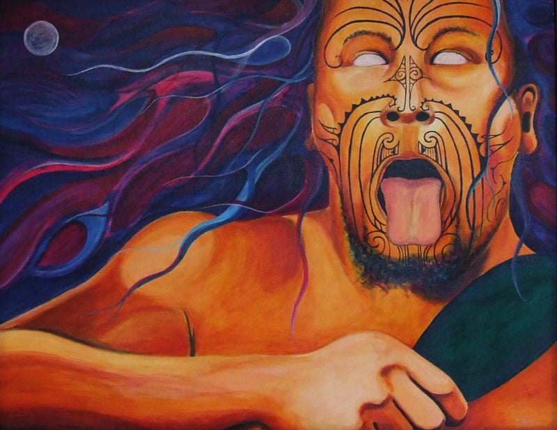 Painting of a Maori warrior doing a pukana holding a greenstone patu.