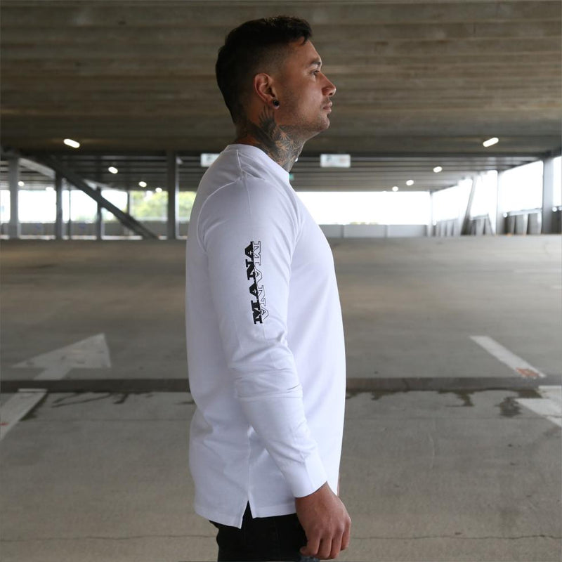 Mens white long sleeve tshirt with black Maori design. Meaning of Mana. Side view.