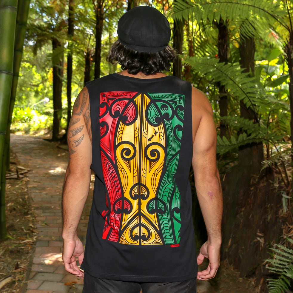 Men's black singlet with large Rasta coloured Maori design from Cravass clothing. Back view.