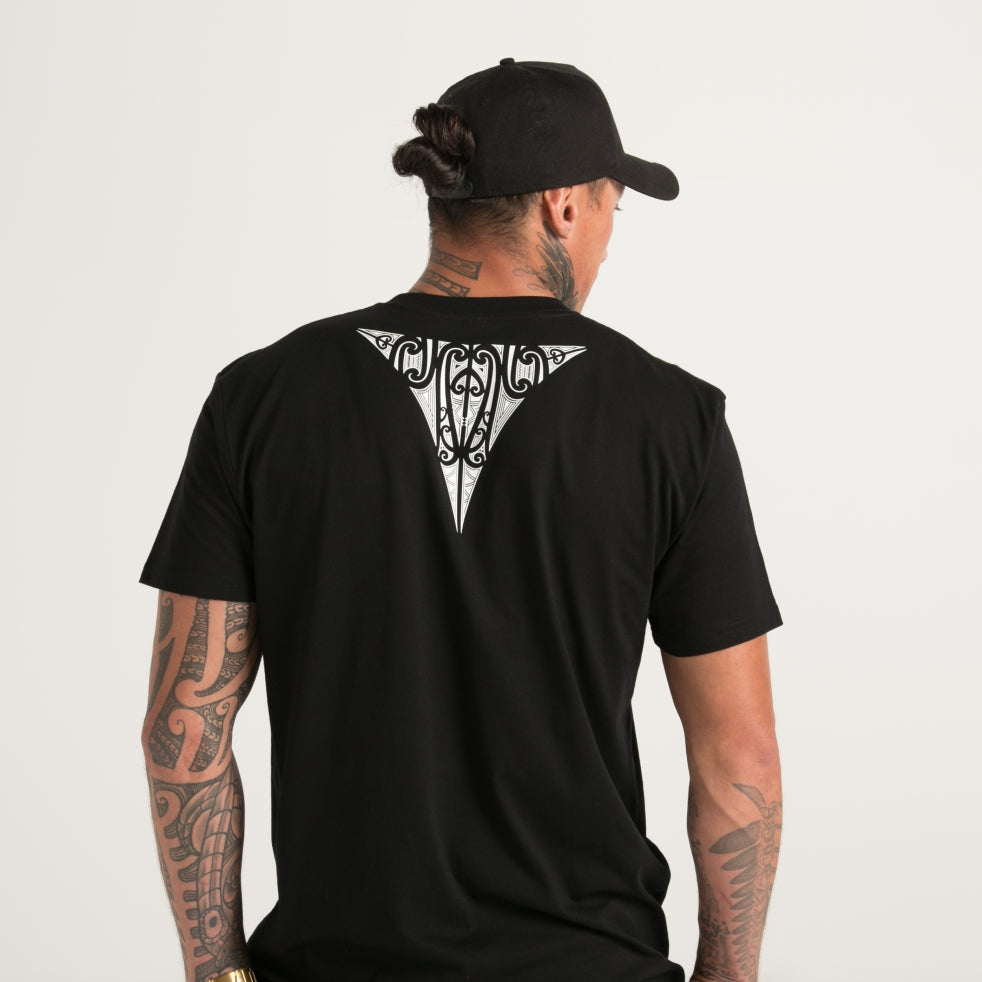 Men's black t-shirt with white tapatoru Maori design from Cravass clothing.