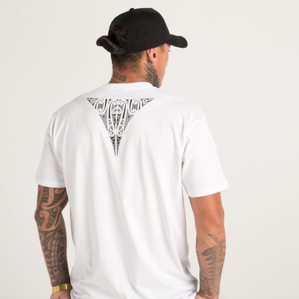 Men's white t-shirt with black tapatoru Maori design from Cravass clothing.