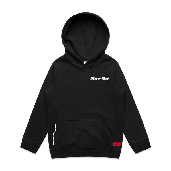 Front view of Toi Tu Tiriti Kids Hoody in black, featuring 'Toitū te Tiriti' text. Black hoody