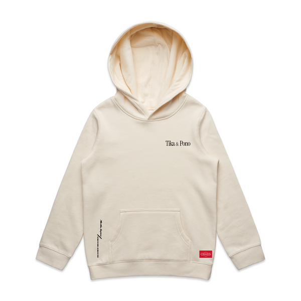Front view of Tika & Pono Kids Hoody in white, featuring 'Tika & Pono' text.