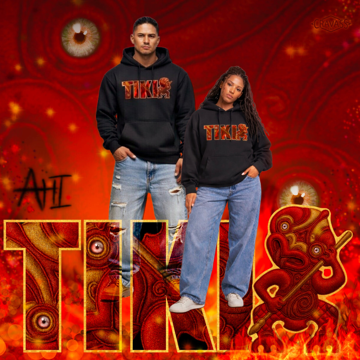 Cravass AHI Tiki Collection hoodie campaign artwork showing fiery red Māori-inspired Tiki design with streetwear models