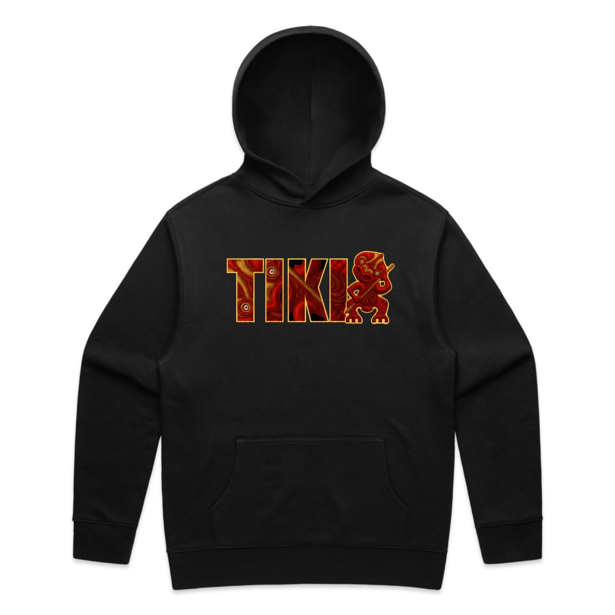 Black Cravass AHI Tiki hoodie with fiery red graphic lettering and tiki symbol, Māori streetwear design from New Zealand