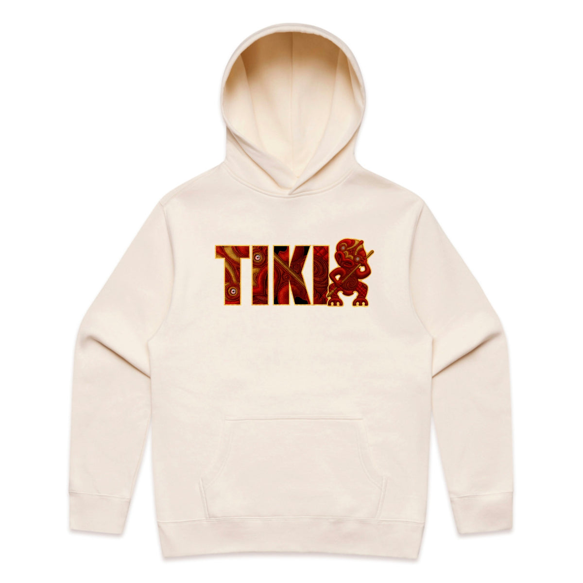 Cream hoodie featuring red AHI Tiki graphic design inspired by Māori carving patterns, part of the Cravass Tiki Collection
