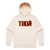 Cream hoodie featuring red AHI Tiki graphic design inspired by Māori carving patterns, part of the Cravass Tiki Collection