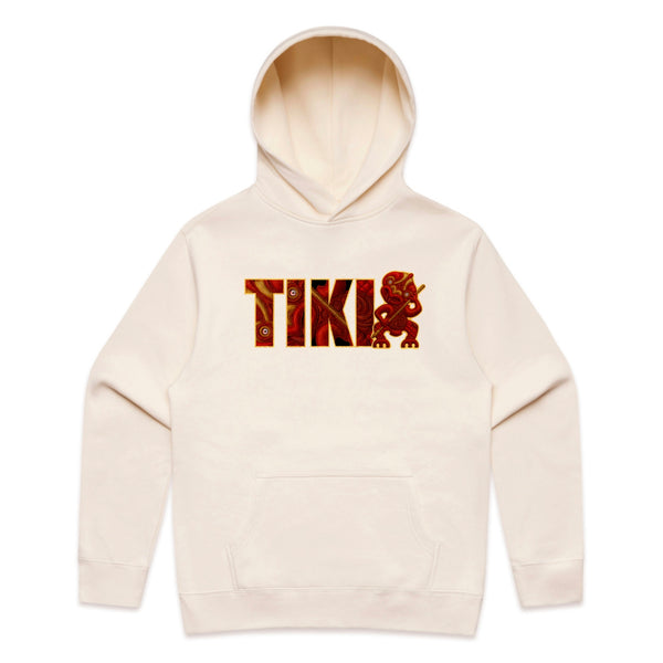 Cream hoodie featuring red AHI Tiki graphic design inspired by Māori carving patterns, part of the Cravass Tiki Collection