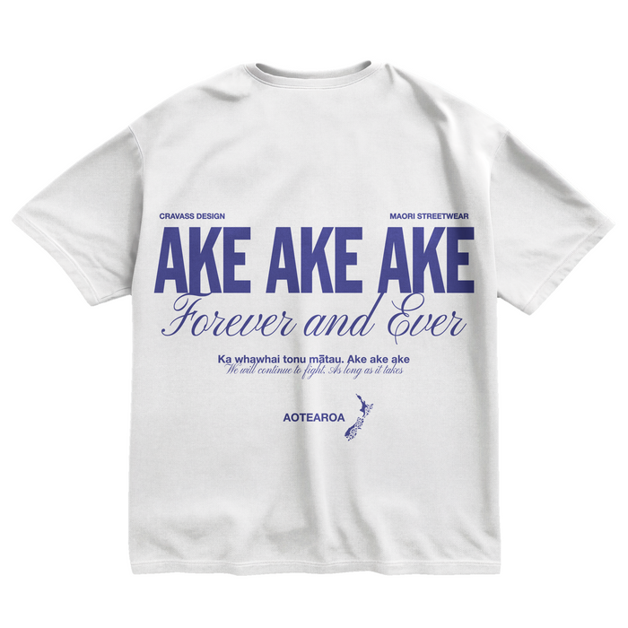 White oversized Māori typography tee ‘Ake ake ake’ – Cravass NZ streetwear