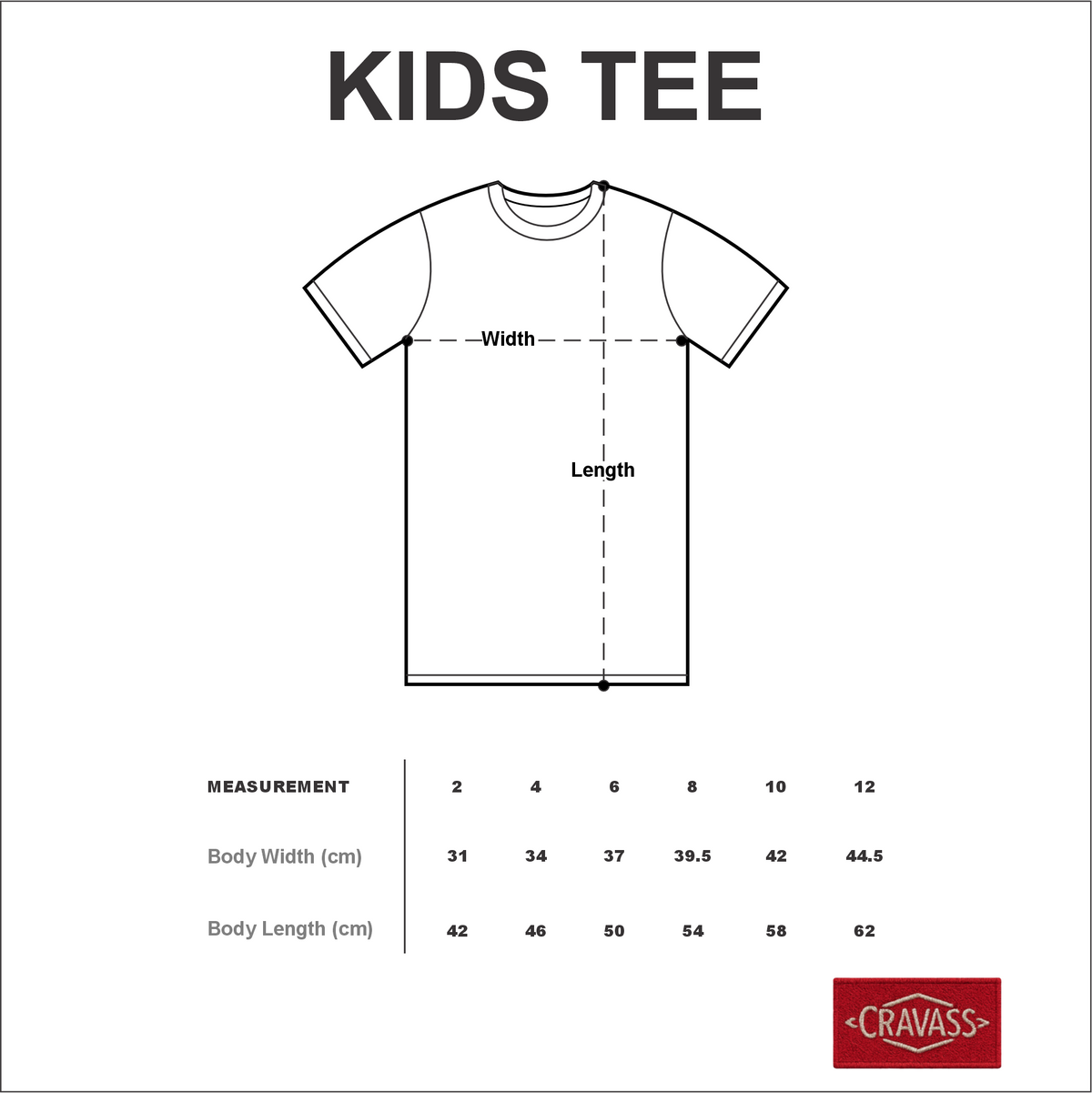Measurement chart for kids t-shirts with Cravass branding