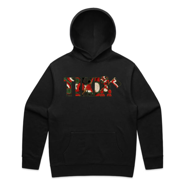 Cravass Tiki hoodie in black featuring Māori-inspired TIKI graphic with woven rope texture streetwear design