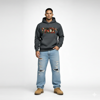 Front-facing male model in Cravass Tiki hoodie featuring Māori-inspired TIKI artwork and textured woven streetwear graphic