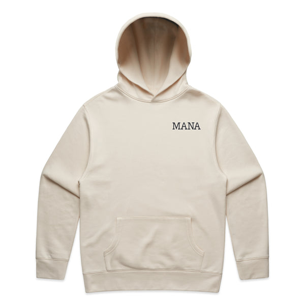 MANA FADED - ECRU Men's faded hoodie with contemporary Maori design.