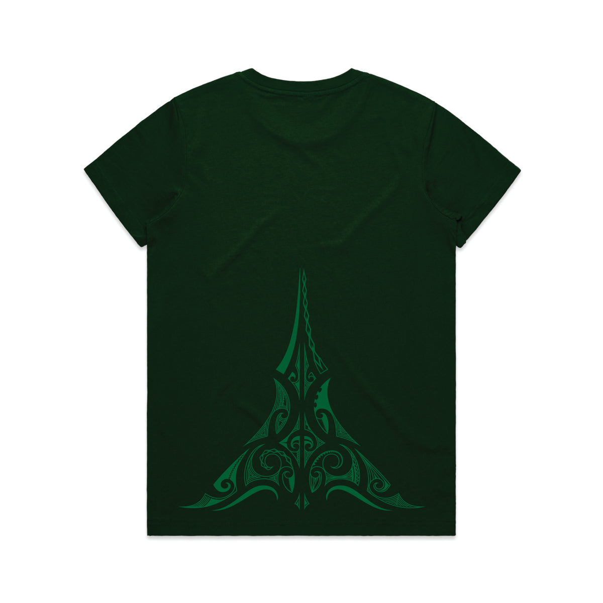 Women's green t-shirt with green Maori ta moko design.