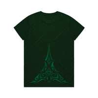 Women's green t-shirt with green Maori ta moko design.