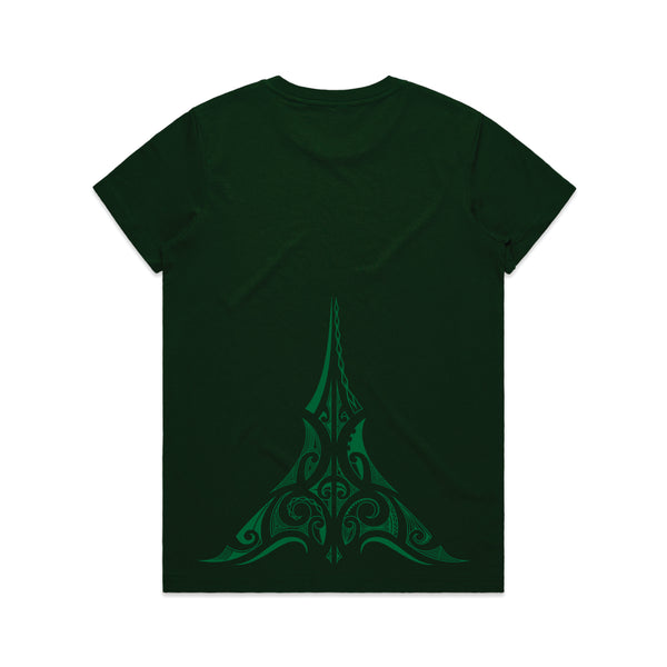 Women's green t-shirt with green Maori ta moko design.