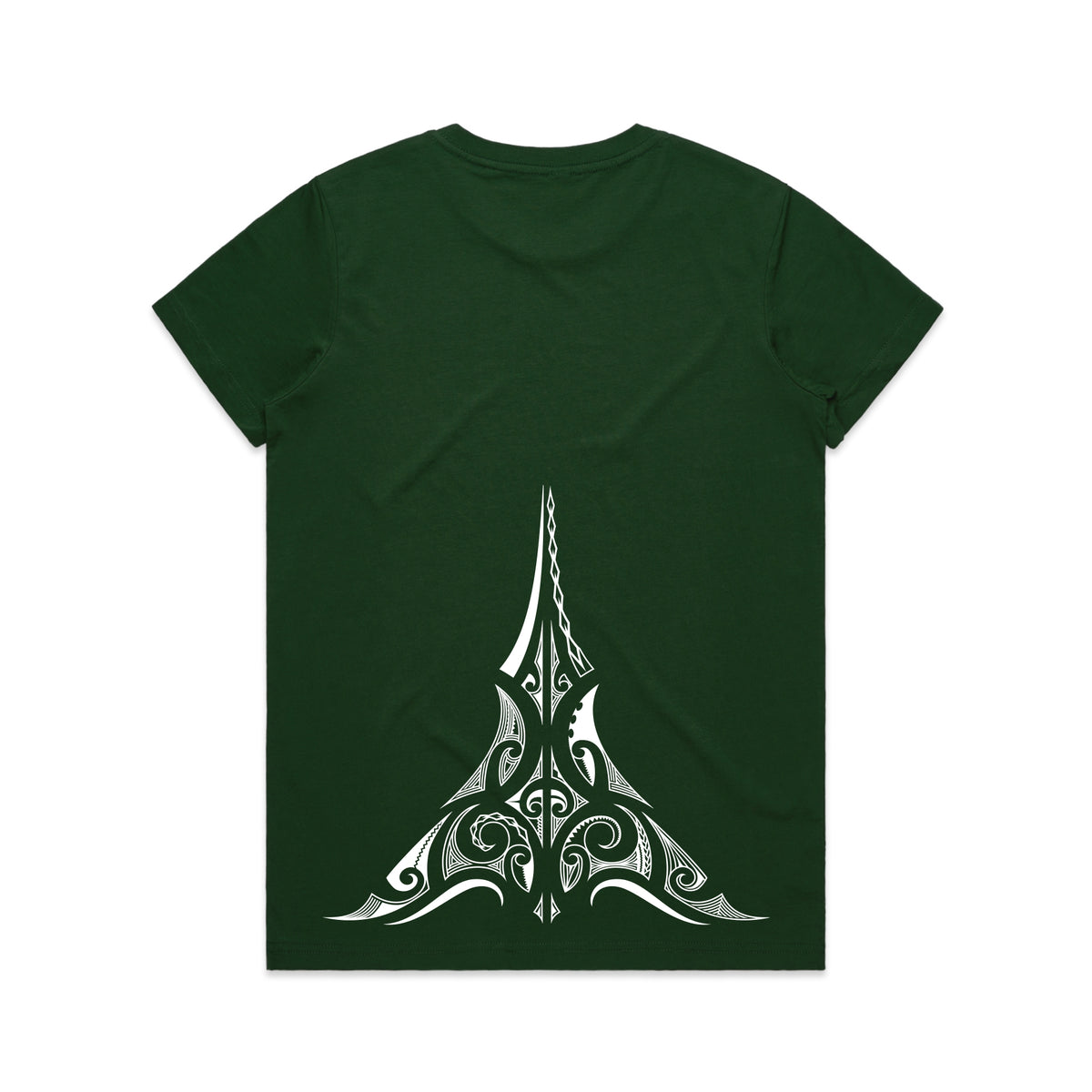 Women's green t-shirt with white Maori ta moko design.