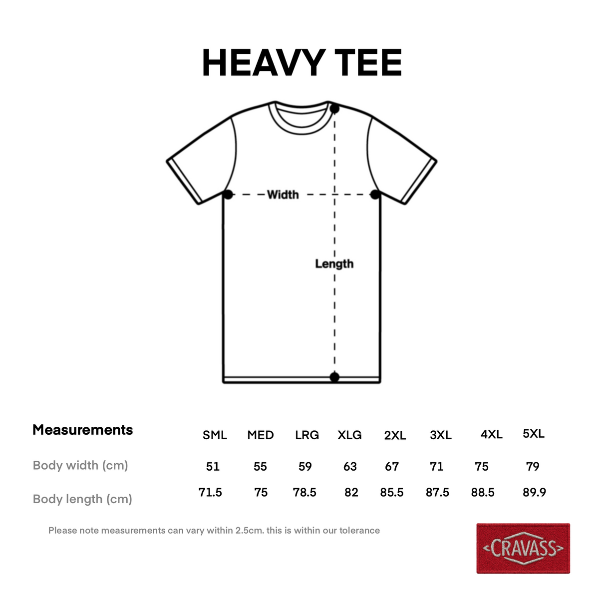 Cravass heavy tshirt size guide