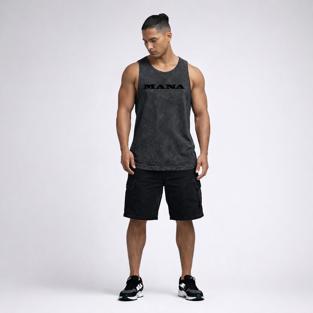 Black acid wash singlet with Mana wording on front. Streetwear by Cravass.