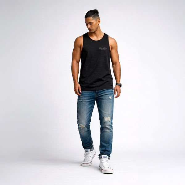 Man wearing a black tank top, blue jeans, and white sneakers Streetwear by Cravass 