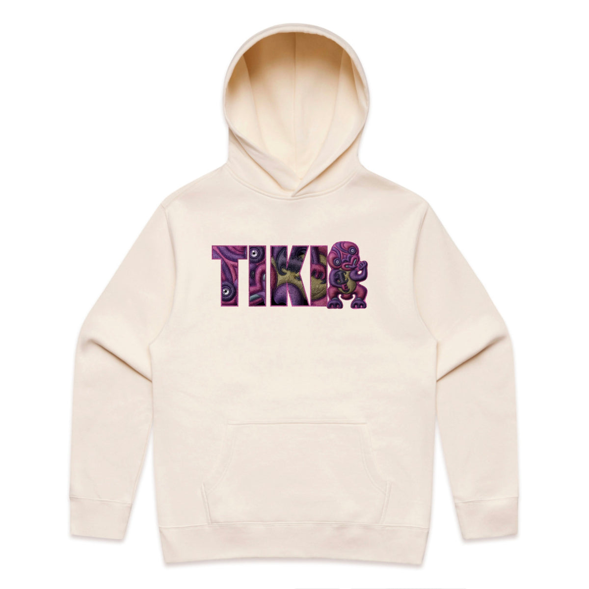 Ecru Cravass hoodie with colourful Purple Tiki logo on a white background