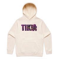 Ecru Cravass hoodie with colourful Purple Tiki logo on a white background