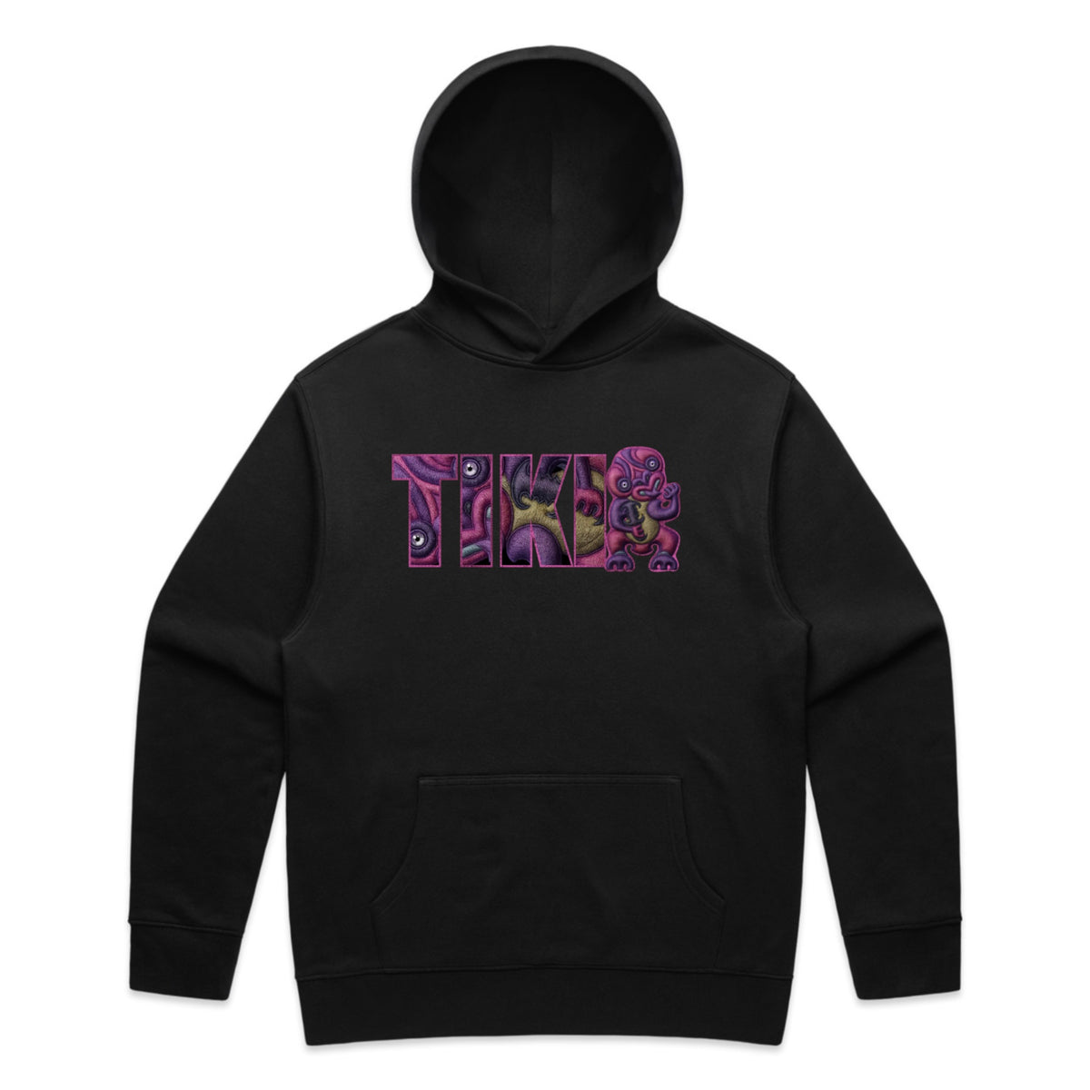 Black Cravass hoodie with colourful Purple Tiki logo on a white background