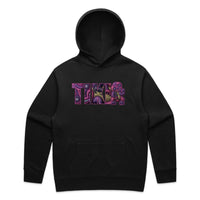 Black Cravass hoodie with colourful Purple Tiki logo on a white background