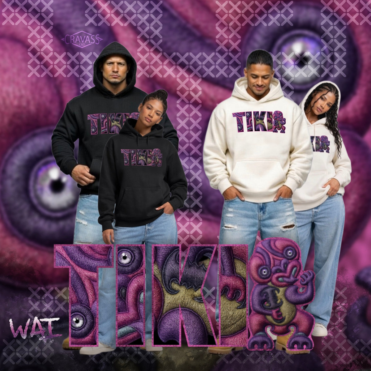 Four people wearing hoodies with 'TIKI' text against a stylised background with 'TIKI' branding.