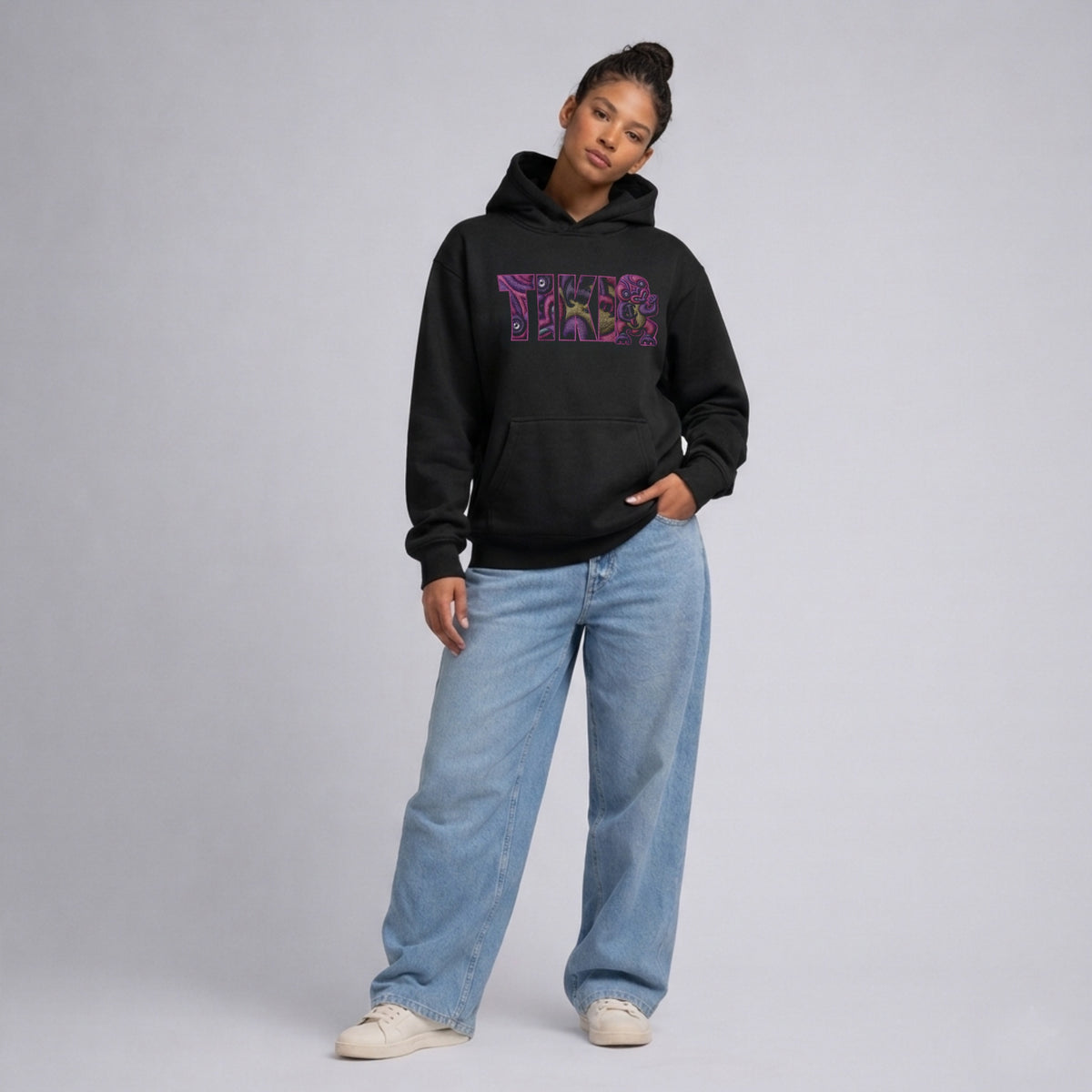 Cravass Waiporoporo Tiki hoodie black with hood down, premium Māori streetwear graphic pullover, full body product image