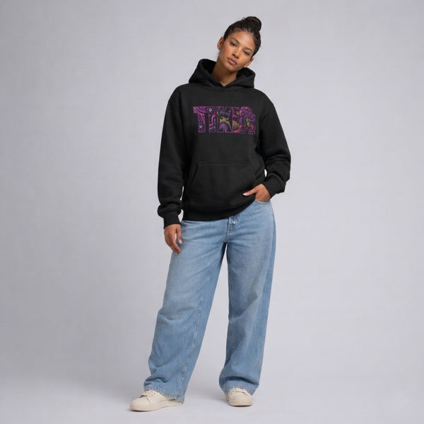 Cravass Waiporoporo Tiki hoodie black with hood down, premium Māori streetwear graphic pullover, full body product image