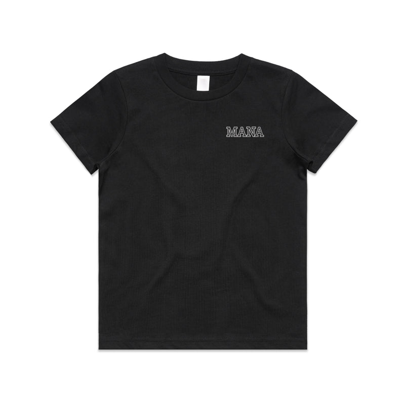 Black kids tshirt with the meaning of mana (maori) design on it.