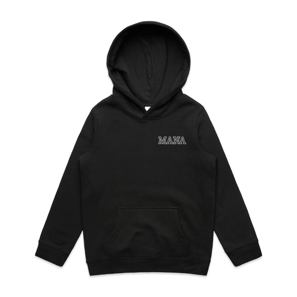 Kids black hoodie with Mana maori design, from cravass clothing. Maori fashion