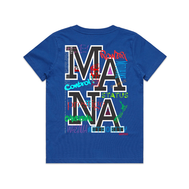 Blue  kids tshirt with the meaning of mana (maori) design on it.