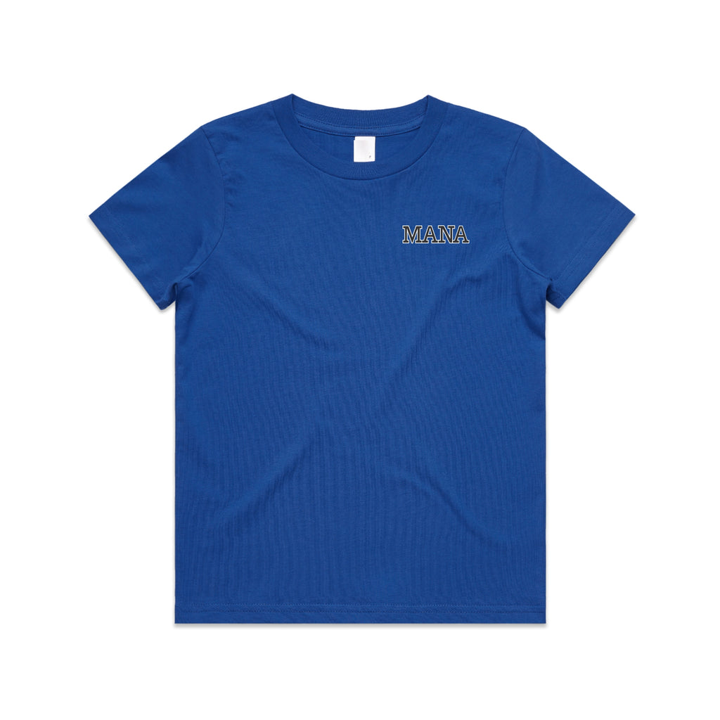 Blue kids tshirt with the meaning of mana (maori) design on it.