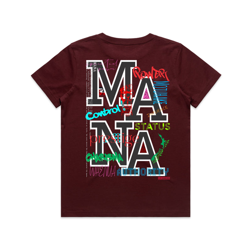 Burgundy kids tshirt with the meaning of mana (maori) design on it.