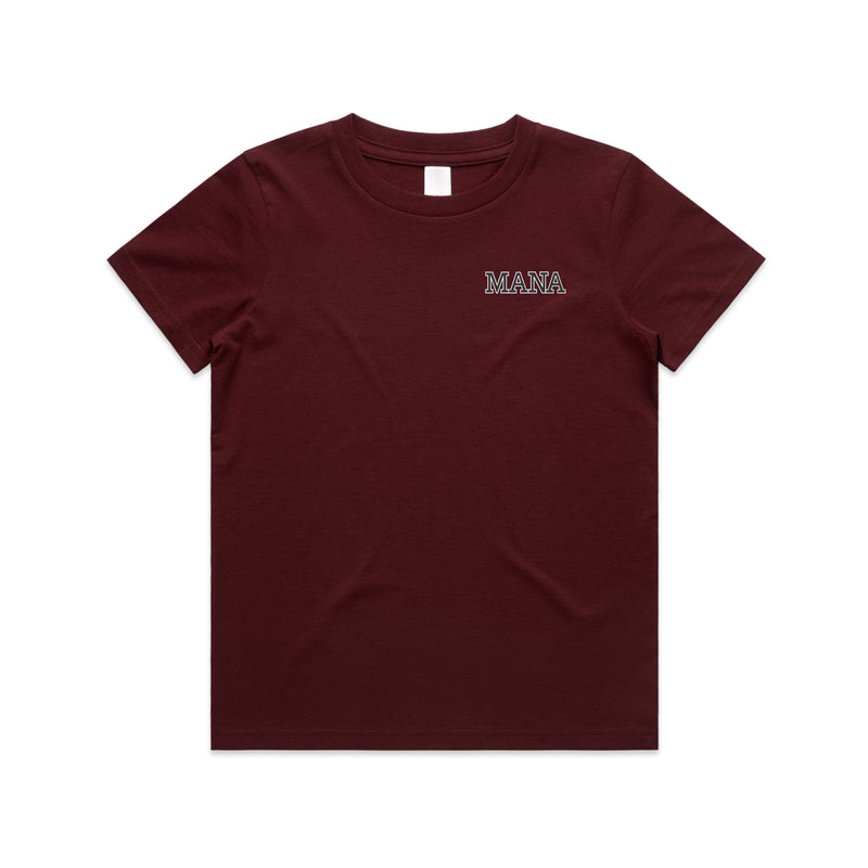Burgundy kids tshirt with the meaning of mana (maori) design on it.