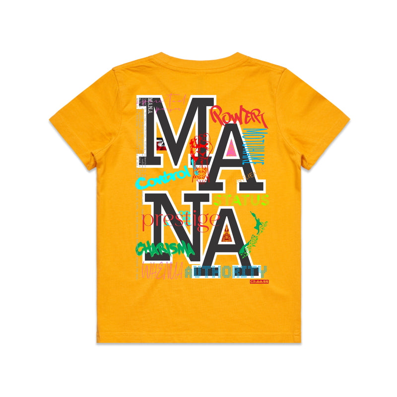 Yellow kids tshirt with the meaning of mana (maori) design on it.