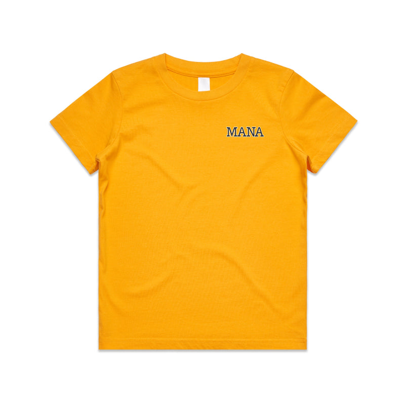 Yellow kids tshirt with the meaning of mana (maori) design on it.