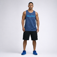 Man wearing a blue tank top with 'MANA' logo and black shorts on a white background Black acid wash singlet with Mana wording on front. Maori Streetwear