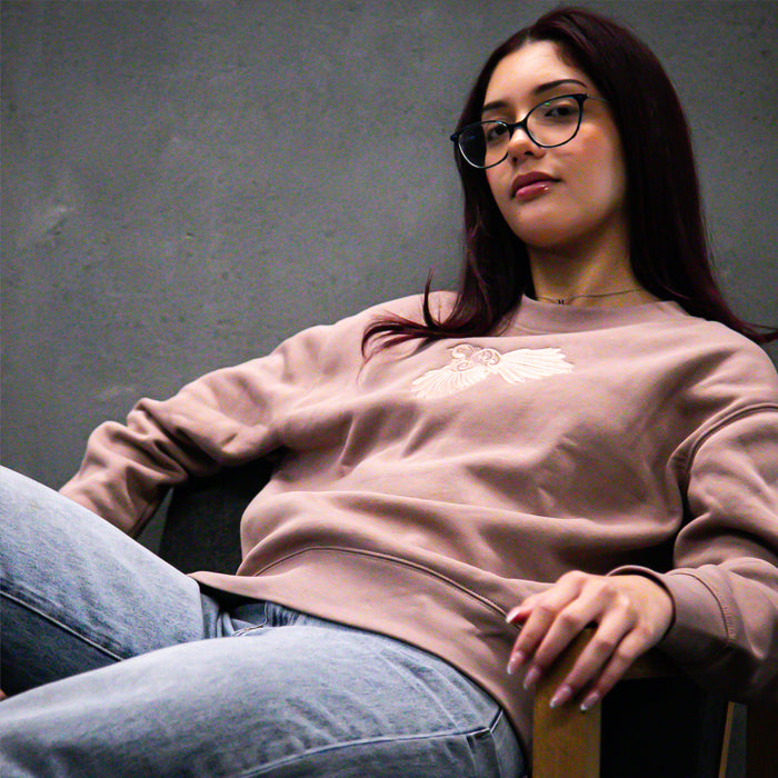 Pīwakawaka Hazy Pink Women's Crew by Cravass with relaxed fit and tonal embroidered artwork