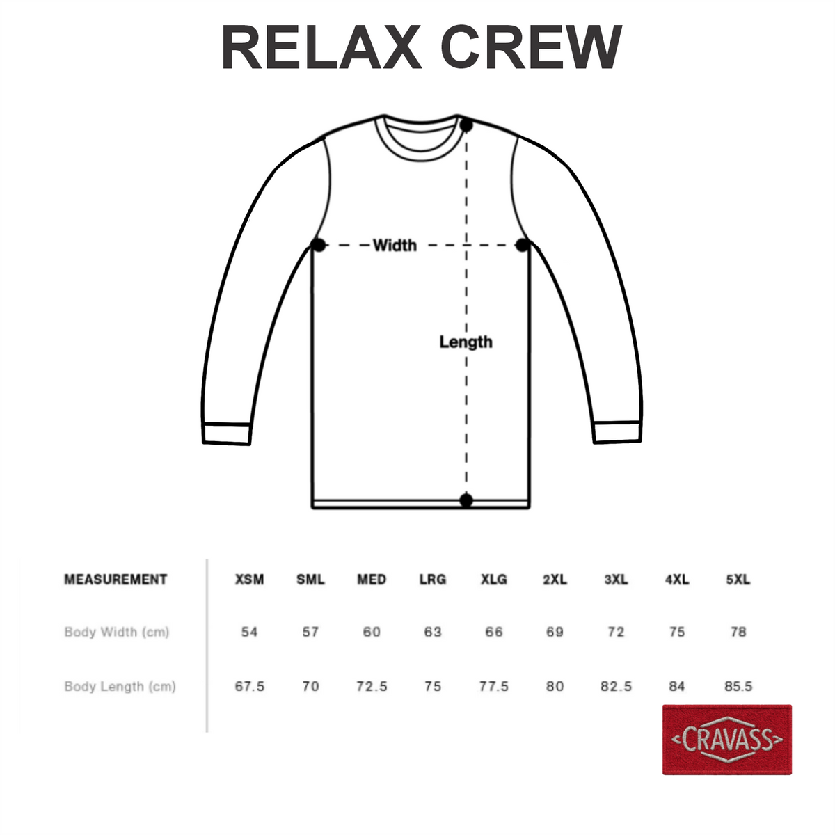 Measurement chart for 'Relax Crew' jersey with dimensions and Cravass logo.