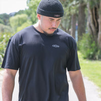 Men's black T-shirt featuring a silver Māori design from Cravass Clothing Front