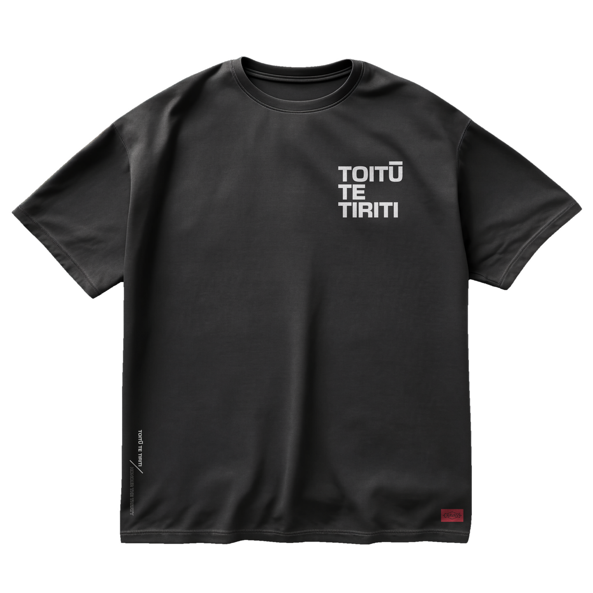 Black oversized cotton t-shirt with Toitū te Tiriti design on front chest.
