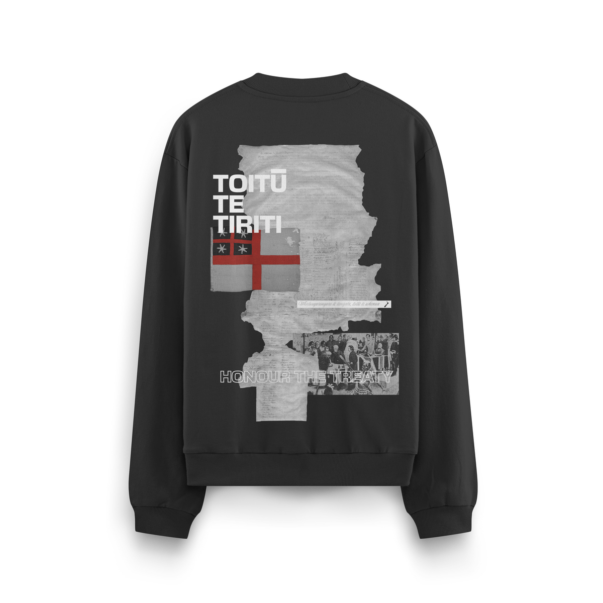 Te Kara – Toitū te Tiriti crewneck Māori streetwear NZ heavy-weight fleece