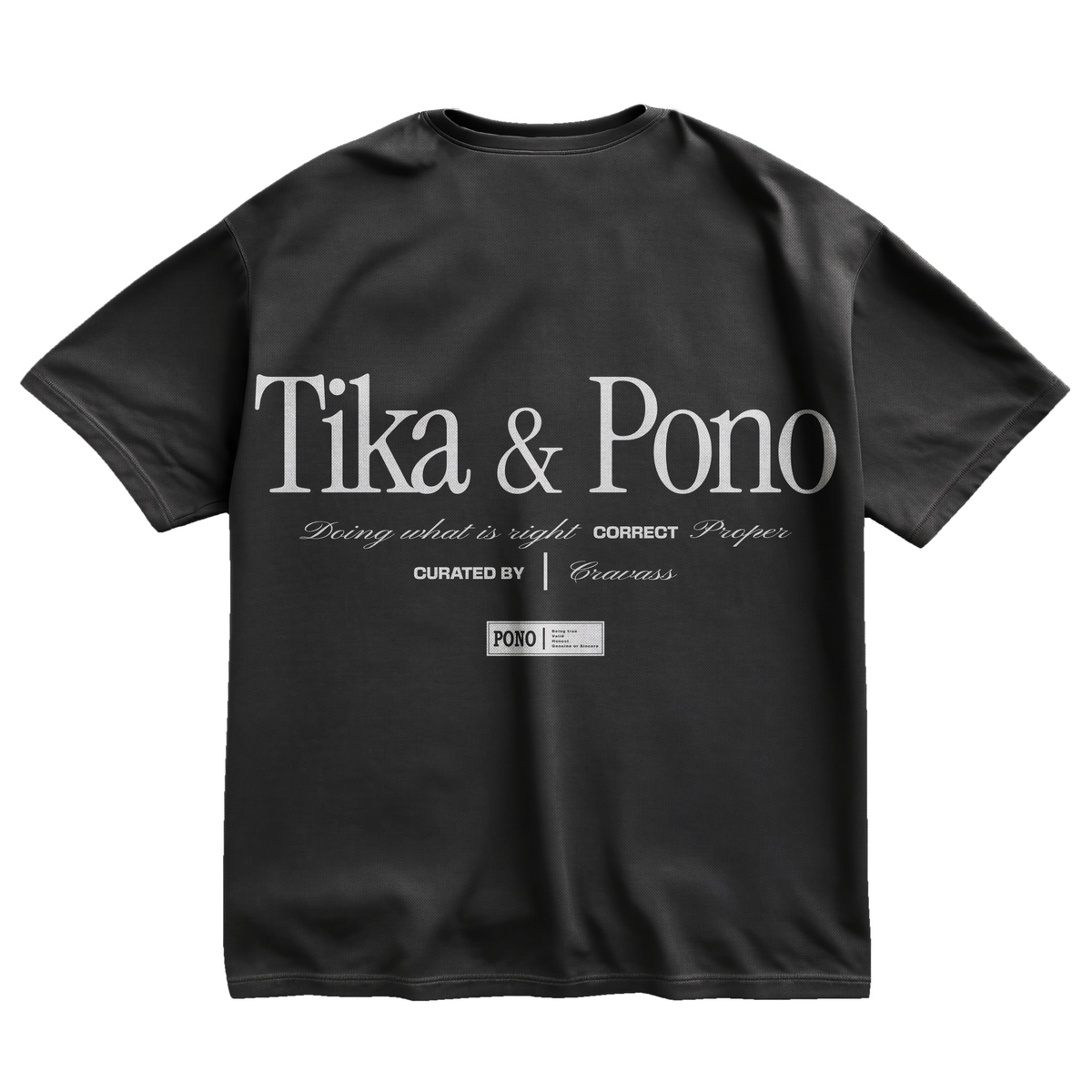 Black unisex cotton t-shirt with white Tika & Pono design logo on Back