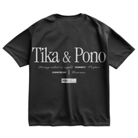 Black unisex cotton t-shirt with white Tika & Pono design logo on Back