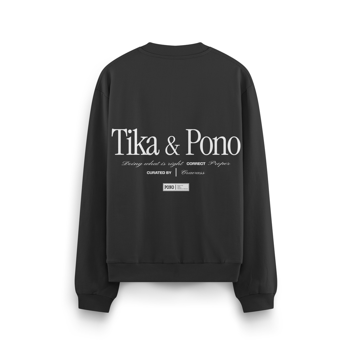 Black unisex cotton crew with white Tika & Pono design logo on the back